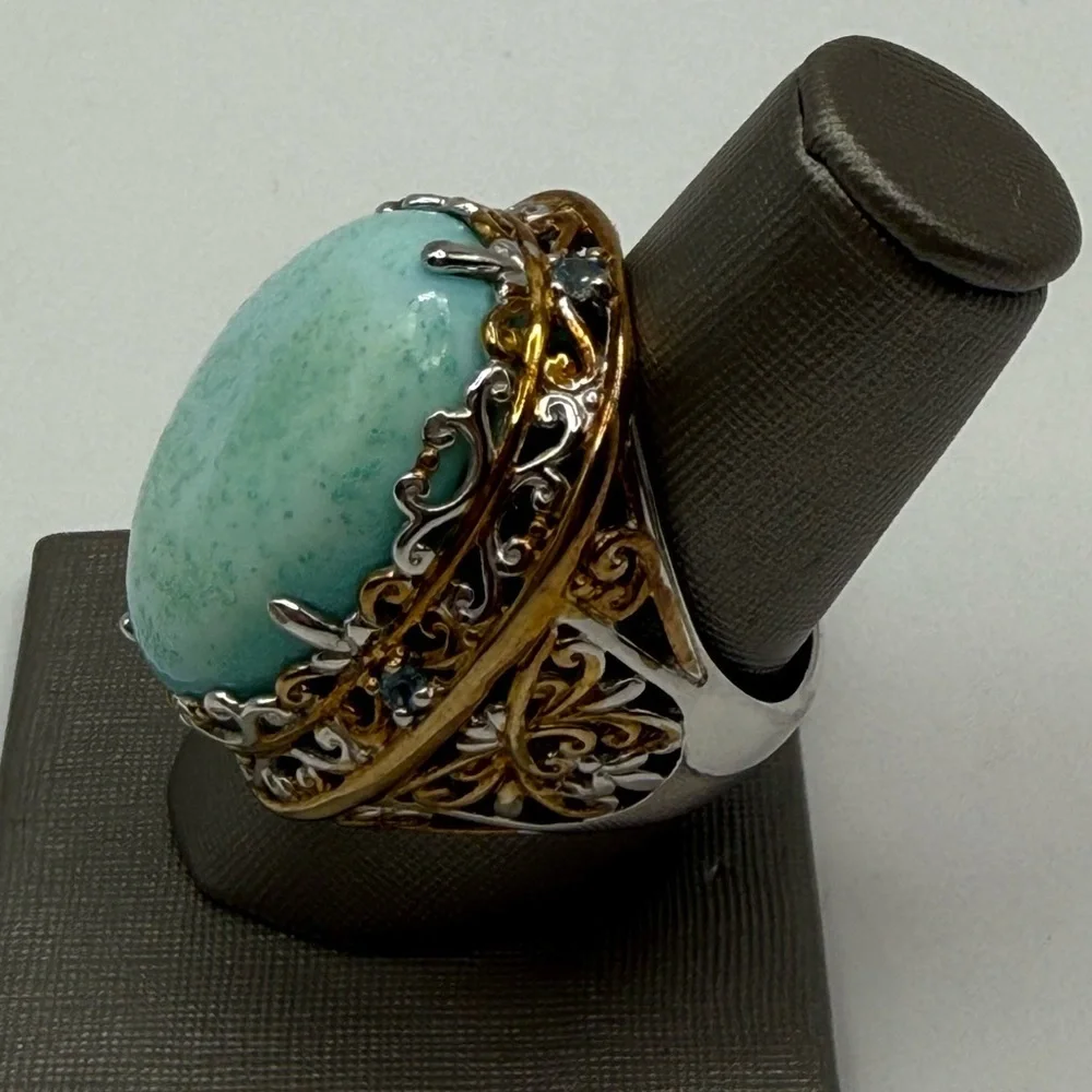 Gems en Vogue Turquoise Cabochon Ring 925 Sterling 18K Accents Size 7.5